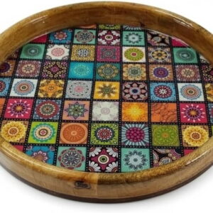 Round Wooden Serving Tray – Mandala Design