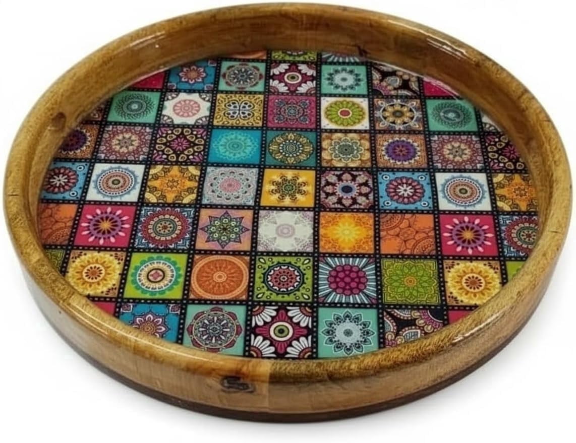 Round Wooden Serving Tray – Mandala Design
